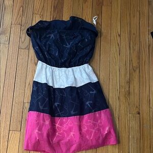 Navy, White, and Pink Strapless Dress